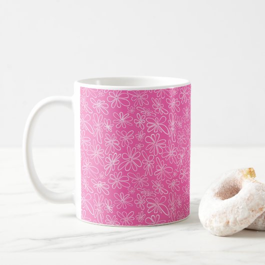 Von Hand gezeichnet Blütenpracht in heißem Rosa Kaffeetasse (Mit Donut)