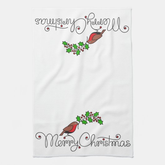 Von Hand gezeichnet Frohe Weihnachtsrobin mit Holl Geschirrtuch (Vertikal)