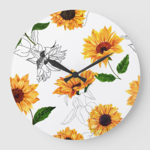 Von Hand gezeichnet Sonnenblumen: lebendiges gelbe Große Wanduhr