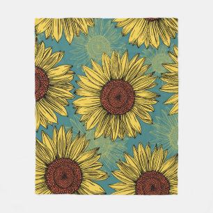 Von Hand Gezeichnet Sonnenblumen Minzblau Fleecedecke