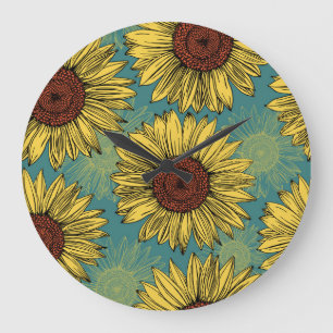 Von Hand Gezeichnet Sonnenblumen Minzblau Große Wanduhr