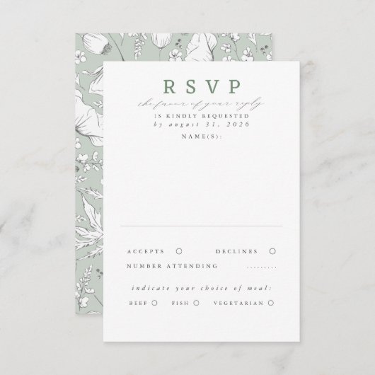 Von Hand gezeichnet Wildblumen zeigen grünes Hochz RSVP Karte (Vorne/Hinten)