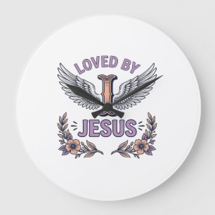 Von Jesus geliebtes Vintage-Christen-Blumen-T-Shir Große Wanduhr