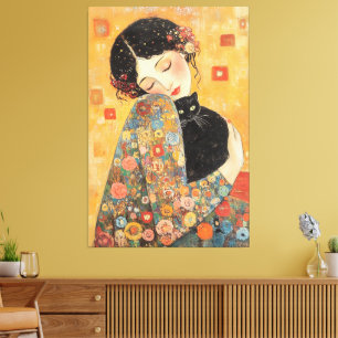 von Klimt Inspiriert Frauen und Katze Leinwanddruck