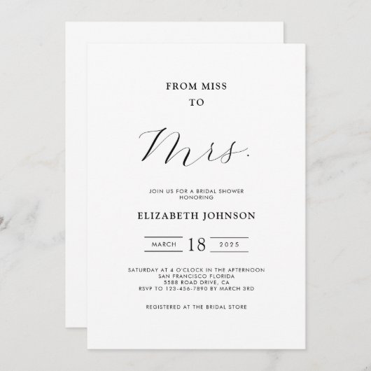 Von Miss zu Mrs. Minimal Brautparty Einladung (Vorne/Hinten)