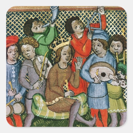 Von Musikern umgebene gekrönte Figur Quadratischer Aufkleber (Vorderseite)