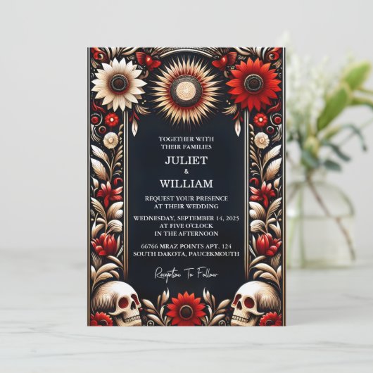 Von Ruby Thick Claret White Heart Red Black Weddin Einladung (Stehend Vorderseite)