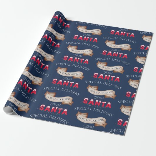 Von Santa Your Name auf Navy Blue Weihnachten Geschenkpapier (Ungerollt)