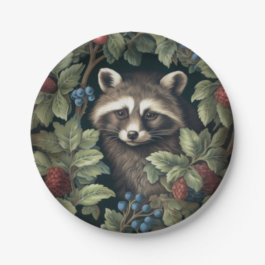 Von William Morris inspirierte Raccoon und Beeren Pappteller (Vorderseite)