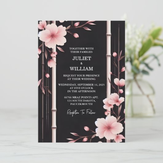 Von Wood Bamboo Pink Sakura Cherry Blossom Hochzei Einladung (Stehend Vorderseite)