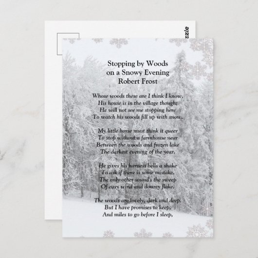 Von Woods Snowy Abend Robert Frost Gedicht stoppen Postkarte (Vorne/Hinten)