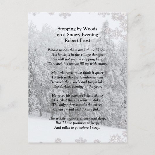 Von Woods Snowy Abend Robert Frost Gedicht stoppen Postkarte (Vorderseite)