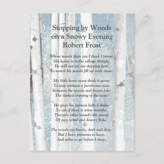 Von Woods Snowy Abend Robert Frost Gedicht stoppen Postkarte (Vorderseite)