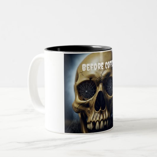 Vor Coffe Spooky Skull zweifarbige Tasse (Vorderseite Links)