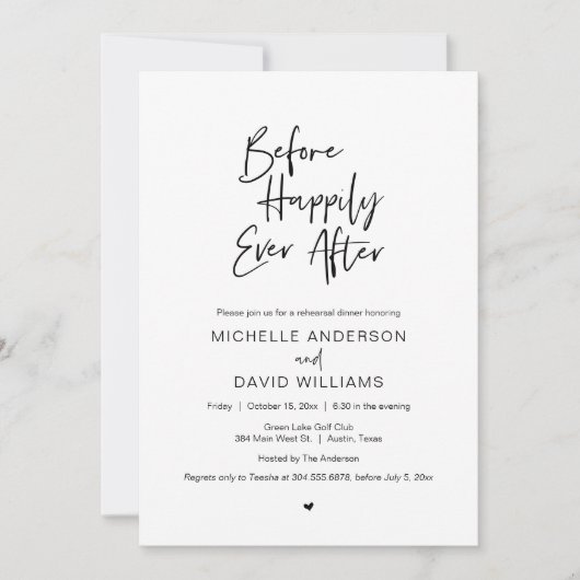 Vor dem glücklichen Ever danach, Probe Abendessen Einladung (Vorderseite)