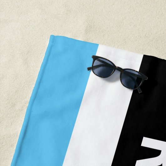 VORBEHALTEN, Weißer Text, Blau-Gelb mit schwarzen Strandtuch (Beispiel)