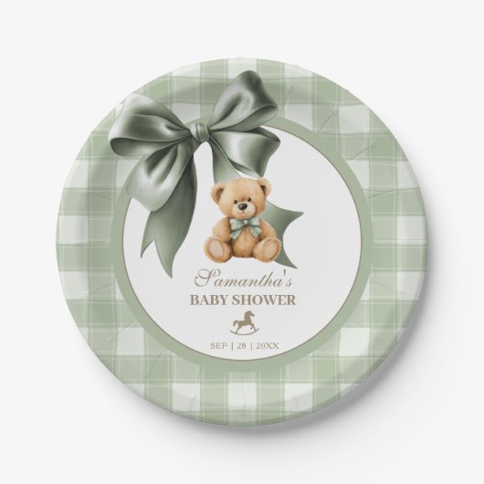 Vorbereitung Teddy Bär Salbei Grüner Karierter Bab Pappteller (Vorderseite)
