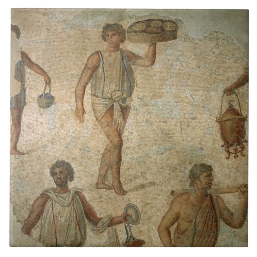 Vorbereitungen für ein Bankett, Fragment des Fliese (Vorderseite)