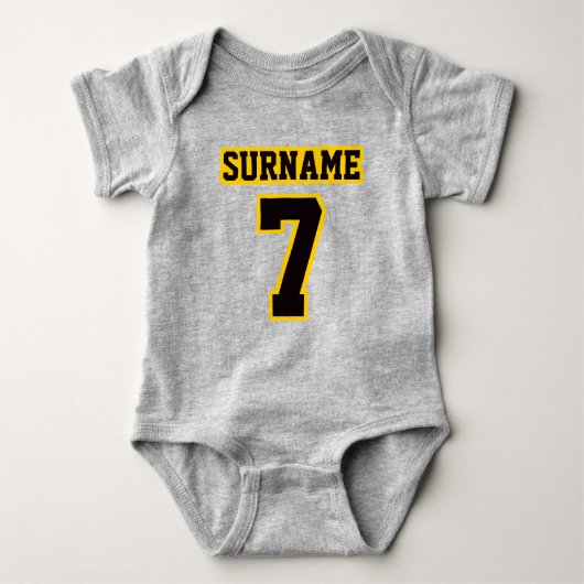 Vordergraue, schwarze GOLD-Wackelfußball-Outfit Baby Strampler (Vorderseite)