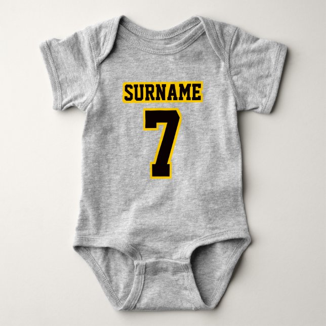 Vordergraue, schwarze GOLD-Wackelfußball-Outfit Baby Strampler (Vorderseite)