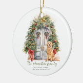 Vordertür mit goldenem Retriever Weihnachten Keramik Ornament (Links)