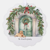 Vordertür mit goldenem Retriever Weihnachten Ornament Karte (Vorderseite)