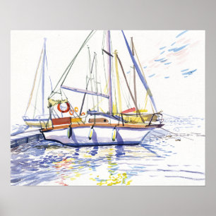 Vorgeankerte Segelboote und Spiegelungen Aquarell Poster