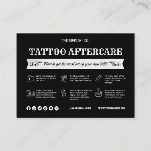 Vorlage der schwarzen Tattoo Aftercare Card mit Sy Visitenkarte (Vorderseite)