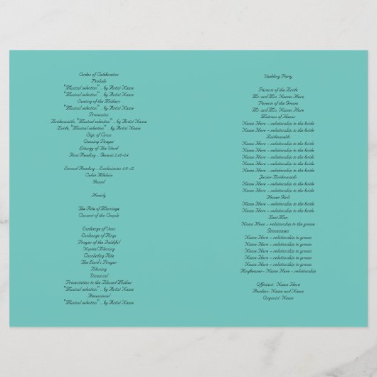 Vorlage des aquamarinen katholischen Hochzeitsprog (Rückseite)