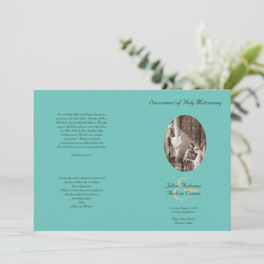 Vorlage des aquamarinen katholischen Hochzeitsprog (Stehend Vorderseite)