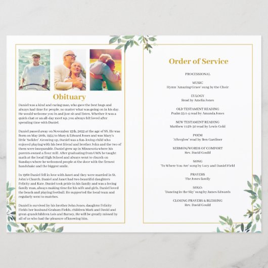 Vorlage des Beerdigungsprogramms mit grünen Blätte (Rückseite)