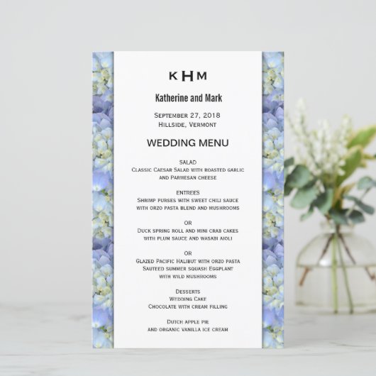 Vorlage des Blue Hydrangea Monogram Wedding Menu (Stehend Vorderseite)