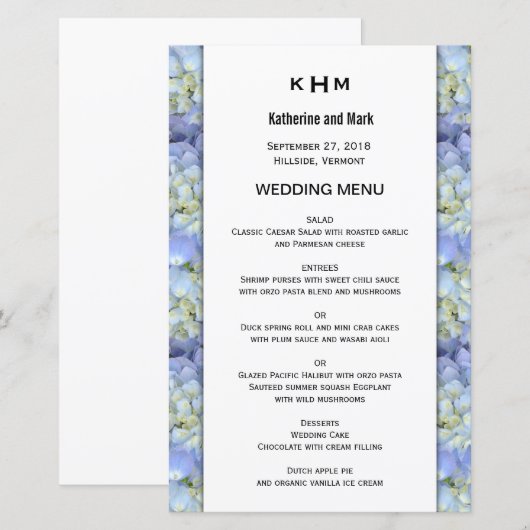 Vorlage des Blue Hydrangea Monogram Wedding Menu (Vorne/Hinten)