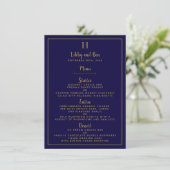 Vorlage des Chic Navy Blue & Gold Wedding Menüs (Stehend Vorderseite)