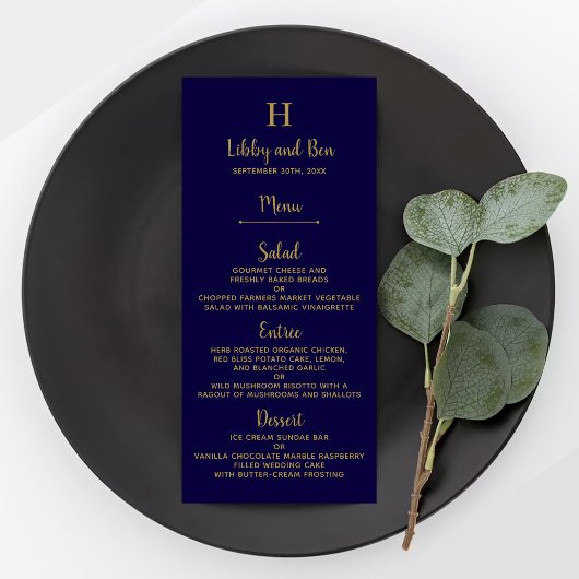 Vorlage des Chic Navy Blue & Gold Wedding Menüs