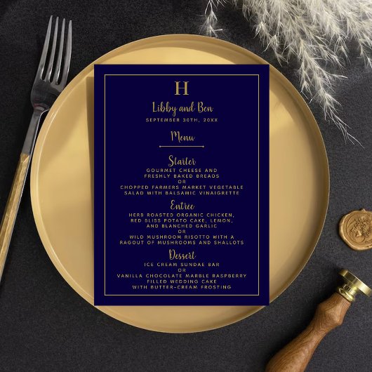 Vorlage des Chic Navy Blue & Gold Wedding Menüs