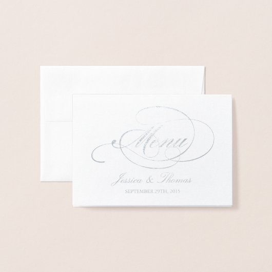Vorlage des Chic Silver Foil & White Wedding Menüs (Vorderseite mit Umschlag)