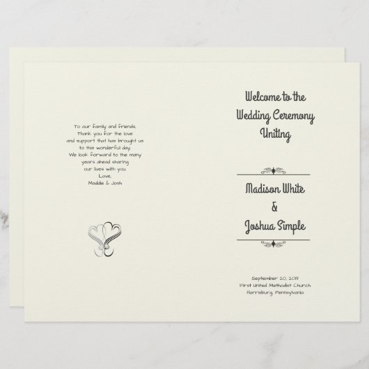 Vorlage des Ecru-Herz-Gedeckten Hochzeitsprogramms (Vorne/Hinten)