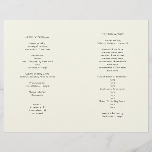 Vorlage des Ecru-Herz-Gedeckten Hochzeitsprogramms (Rückseite)