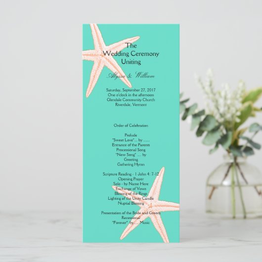 Vorlage des Mint Green Starfish Hochzeitsprogramms (Stehend Vorderseite)