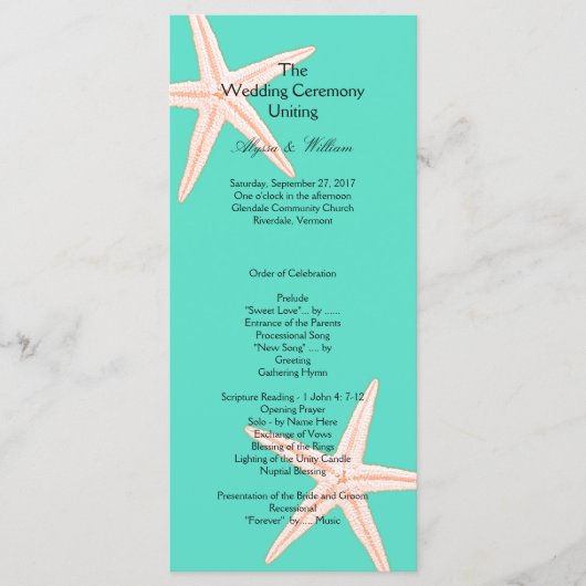 Vorlage des Mint Green Starfish Hochzeitsprogramms (Vorderseite)