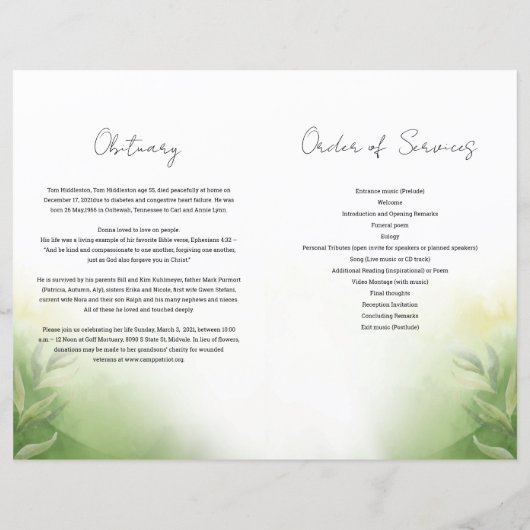 Vorlage des Programms für die grüne Beerdigung in  (Rückseite)