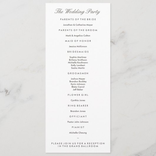 Vorlage des Programms für graue und weiße Hochzeit (Rückseite)