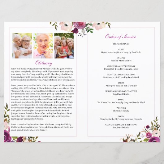 Vorlage des Programms zur Beerdigung von Blumendar (Rückseite)