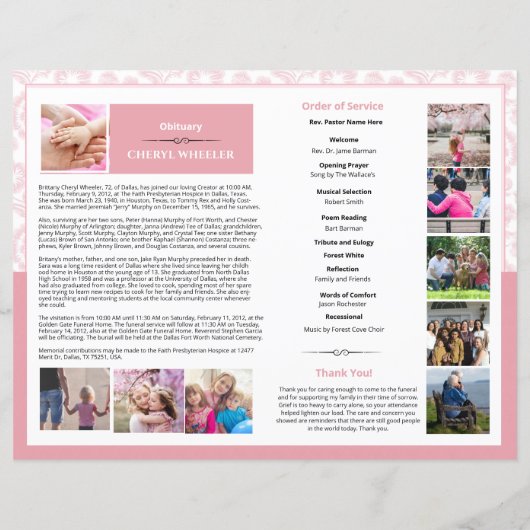 Vorlage des Programms zur Beerdigung von Pink-Flor (Rückseite)