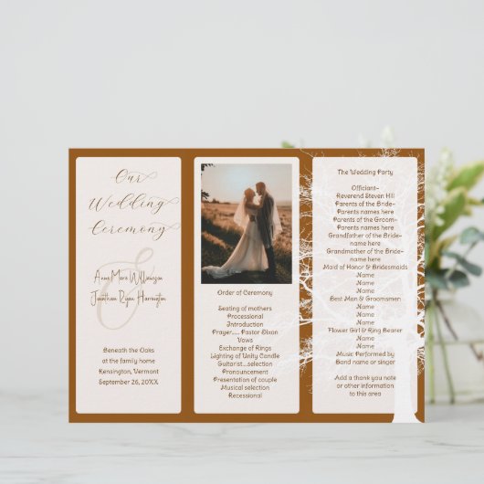 Vorlage des Tree Brown Tri-Fold-Hochzeitsprogramms (Stehend Vorderseite)