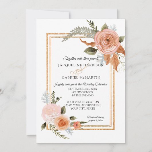 VORLAGE Elegante Rustikale Fall Floral Gold Hochze (Vorderseite)