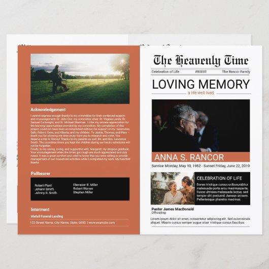 Vorlage für Beerdigungsprogramme im Zeitungsstil (Vorne/Hinten)