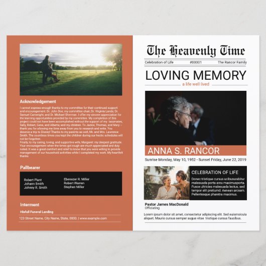 Vorlage für Beerdigungsprogramme im Zeitungsstil (Vorderseite)