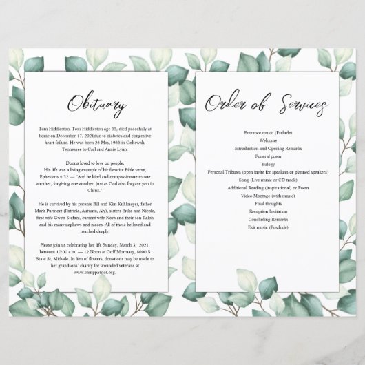 Vorlage für das Beerdigungsprogramm (Rückseite)